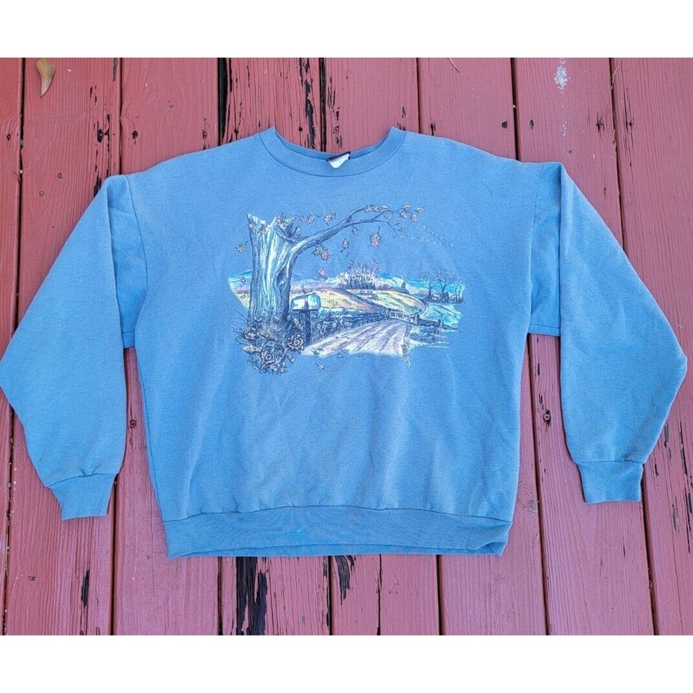 Vintage 90s Grandma Sweatshirt Sweater Green Fall Scene Christmas Holiday Cozy